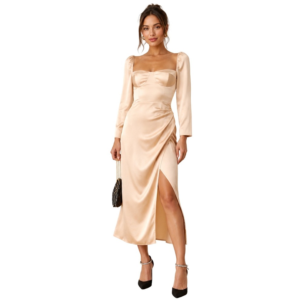 Reformation Dress Size 10 Champagne Gloriana 100% Silk Long Sleeve Bustier Midi